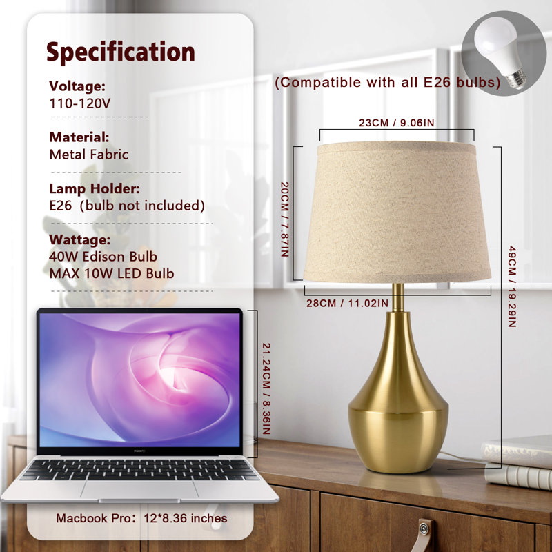  19.3 Inch Modern Gold Bedside Table Lamp, Gold, Beige