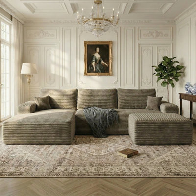 108" Modern Modular Sectional Couch with Lounge Chaise & Ottoman, Plush Corduroy U Shaped Boneless Sectional Sofa with Back Cushion, No Assembly Required, Oversized Compression Couch for Living Room, Apartment
