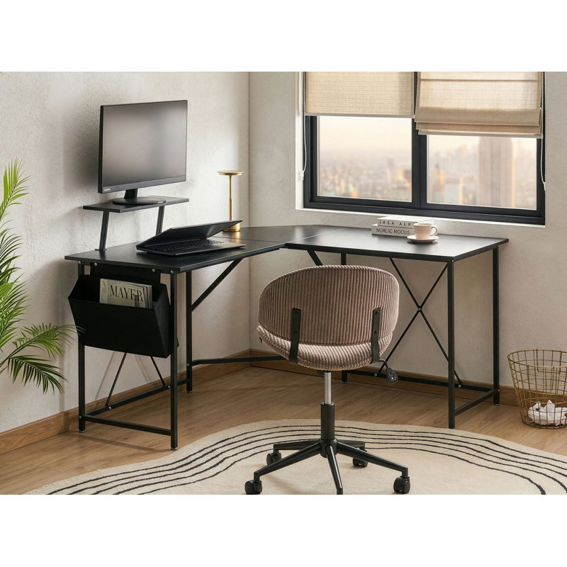 L-Shaped Metal Base Computer Desk, Black