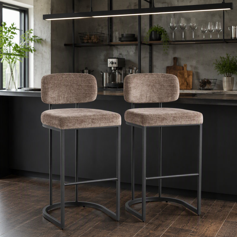 Tabouret de bar à hauteur fixe en métal noir et tissu brun - ensemble de 2, Siège brun / cadre noir