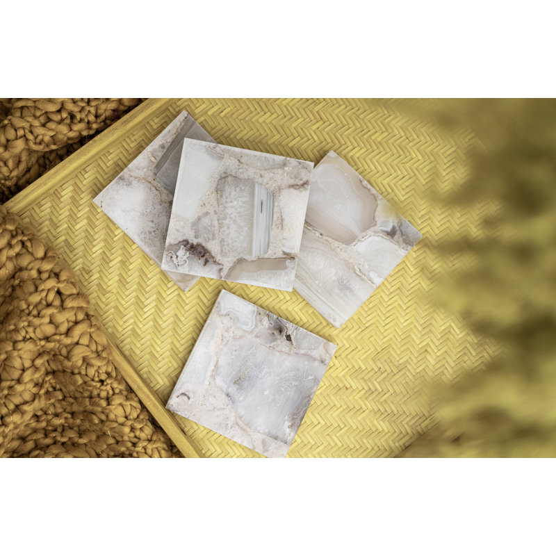 Square White and Brown Ceramic Coaster Set