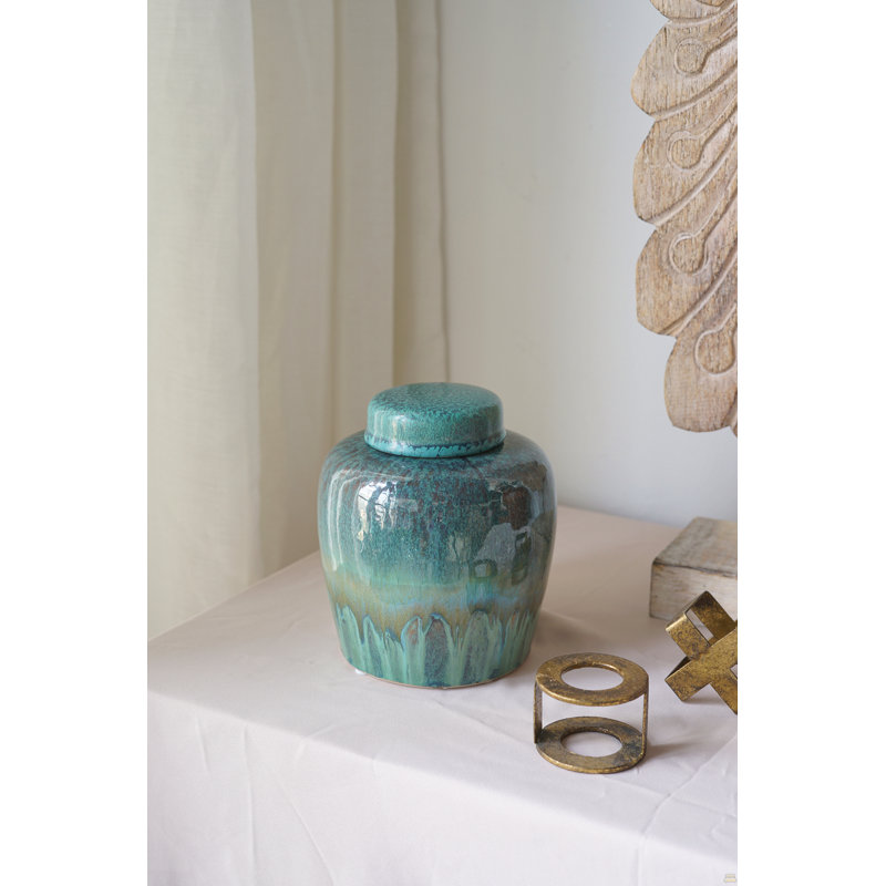 Pot rond en céramique avec glaçure réactive bleue et crêtes subtiles D5.2x6 "