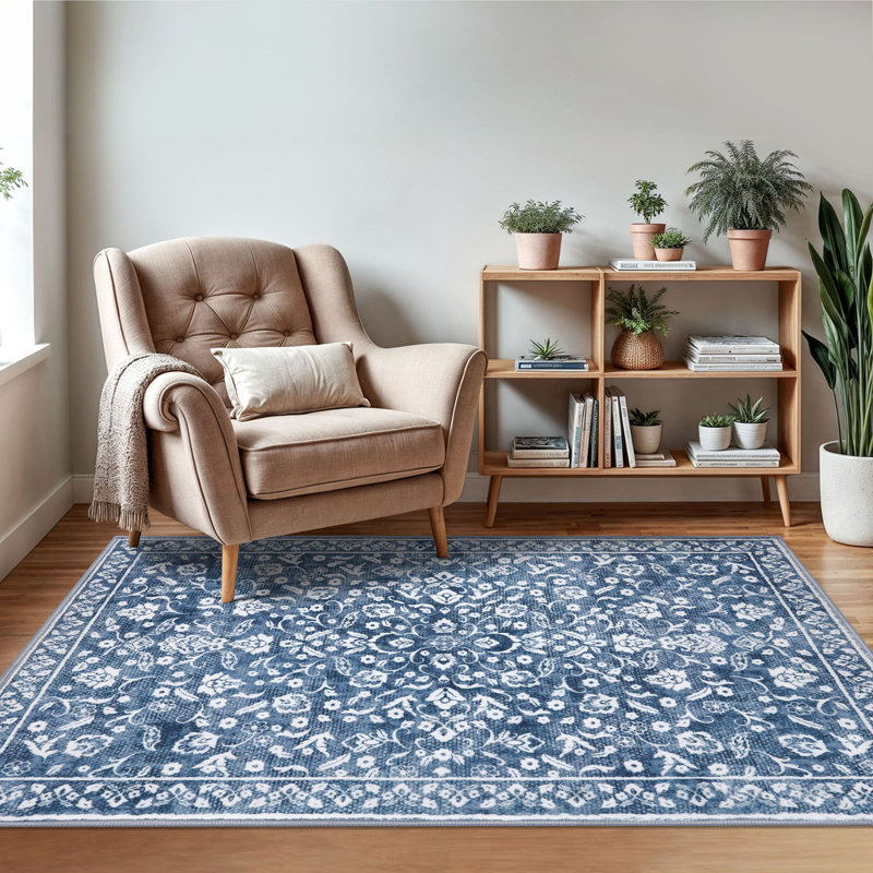 Blue Machine Washable Rugs for Bedroom Non-Slip Low Pile Throw Rugs with Rubber Backing Washable Carpet, Rectangle 3' x 5'