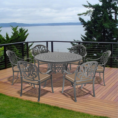 7-Piece Set Of Cast Aluminum Patio Furniture With Black Frame And Brown Seat Cushions
