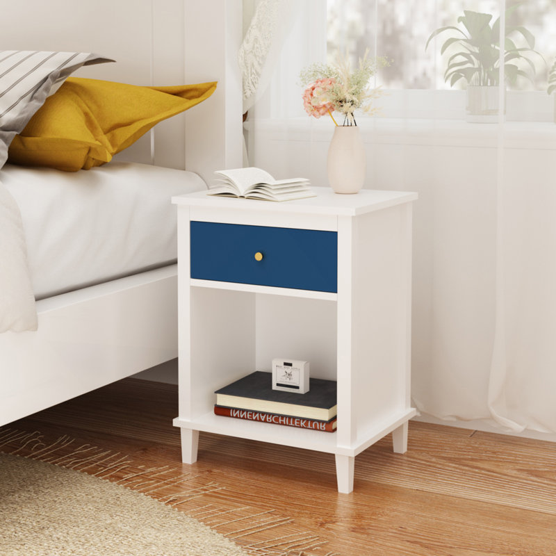 Table de chevet avec tiroir et tablette, Blanc / Bleu marine
