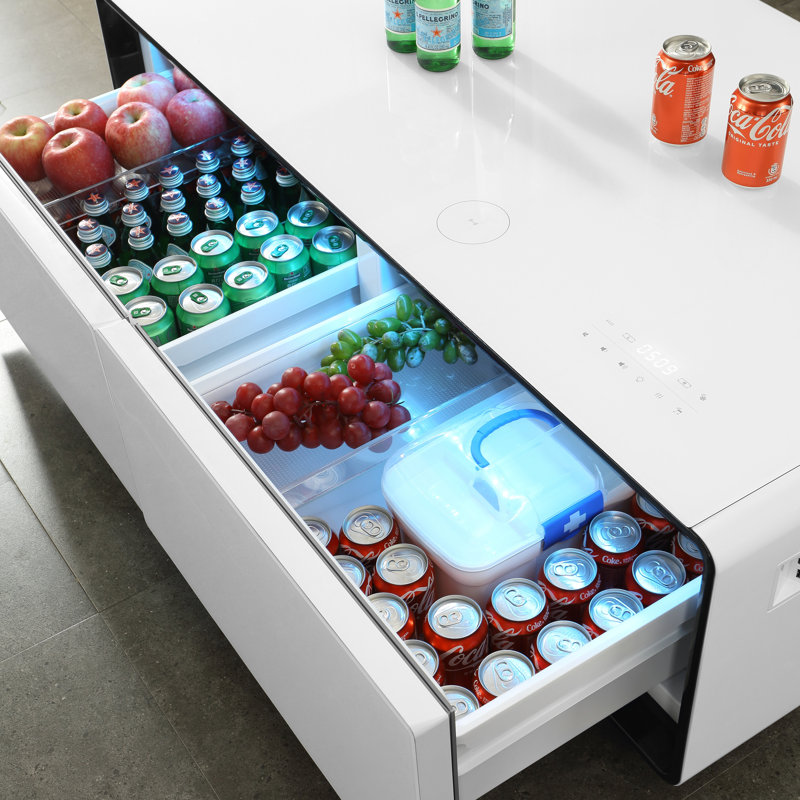 Comaneci Smart Coffee Table with 135L Fridge, Bluetooth Speakers and Wireless Charging, White/White