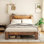 Cadre de lit grand, cadre de lit plateforme en bois avec tête de lit à DEL avec rangement et 2 ports USB, silencieux, aucun sommier nécessaire et outil d'assemblage facile, grand rangement sous le lit, brun foncé