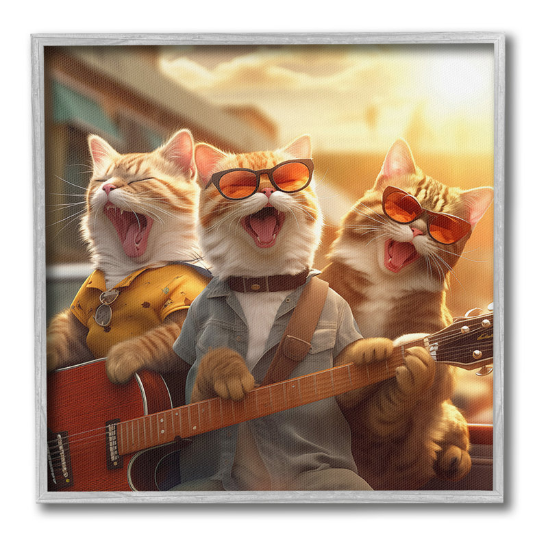 «Singing Guitarist Cats», art de la giclée encadrée par Jim Baldwin, Estampe numérique encadrée blanc bord de mer