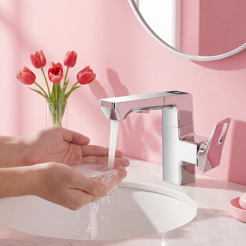 LED Digital Display Bathroom Faucet With Pull-Down Sprayer – Temperature Monitoring, Single Handle, Chrome