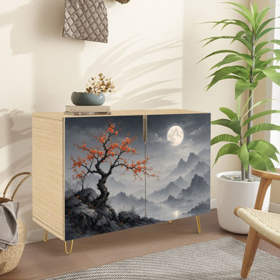 Armoire-buffet de style buffet étroit de 35,4 po de largeur - 2 portes avec imprimé paysage de montagne et pieds en métal