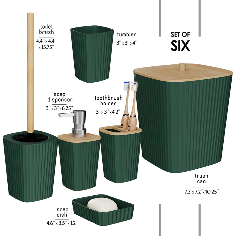 Ensemble complet d'accessoires de salle de bain 6 pièces avec accents en bambou, poubelle et brosse de toilette inclus