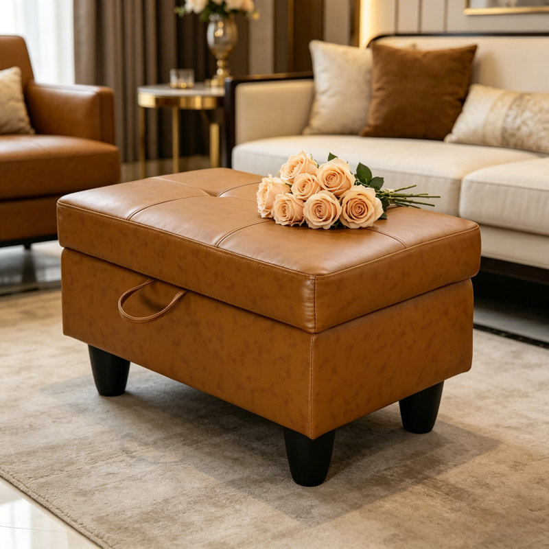 Multi-Functional Ginger Faux Leather Ottoman with Hidden Storage Compartment, Ginger Faux Leather