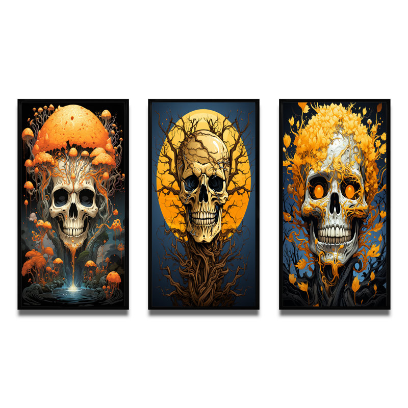 Tête de mort souriante, champignon orange, Halloween amusant - ensemble de 3 têtes de mort, Cadre flottant noir