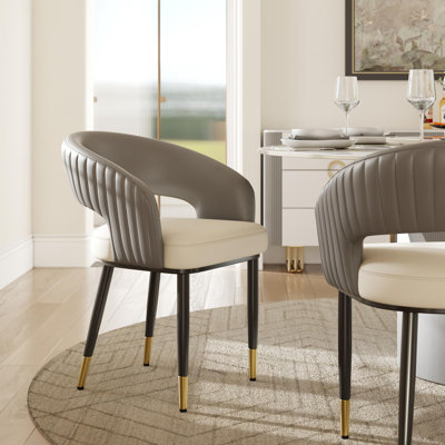 Modern Upholstered Dining Chairs Set of 2, Barrel Chairs with Open Back, Faux Leather Dining Chairs, Gray & Beige