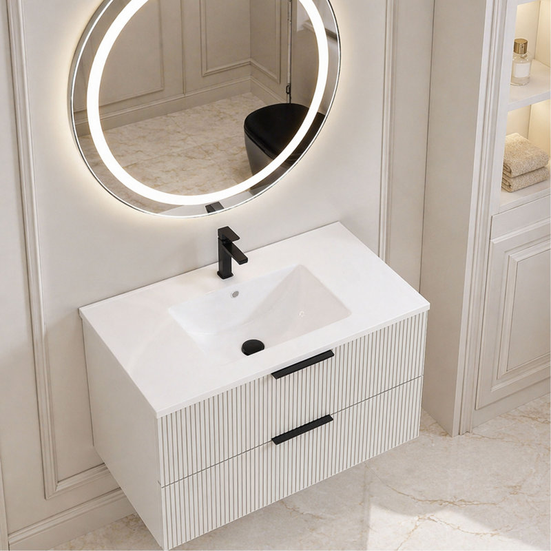 Meuble-lavabo 30 po avec lavabo en céramique - Meuble-lavabo mural flottant cannelé avec tiroirs, moderne, Antique Gray, 36"