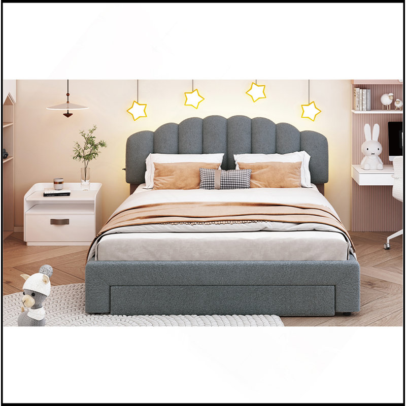 Grand lit plateforme tapissier Teddy, Gris