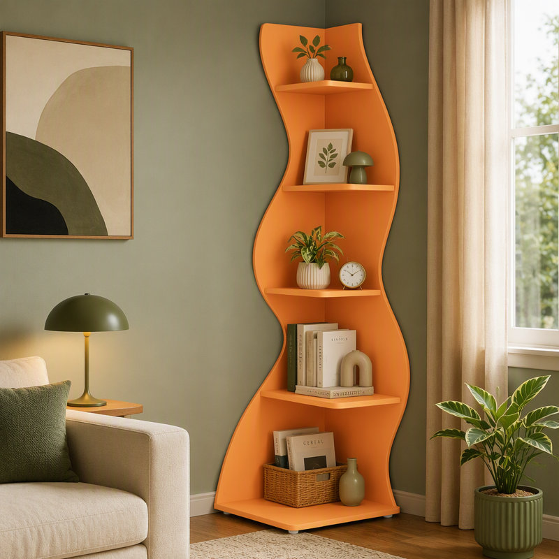Étagère d'angle à 5 niveaux, bibliothèque murale d'angle moderne, Orange