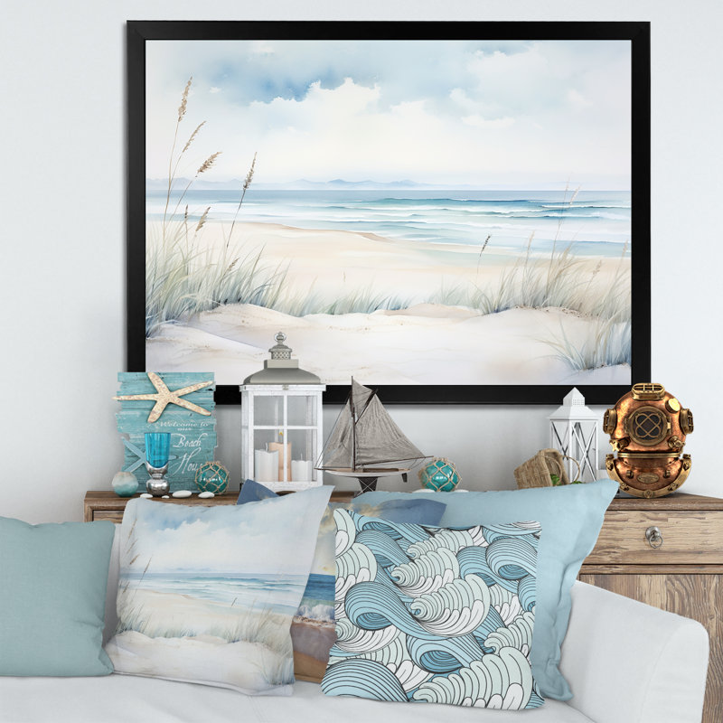 «Soft Color Beach Horizon III - Coastal Minimalisme», art mural, H 30 po x l 40 po x P 1,5 po, Cadre simple noir
