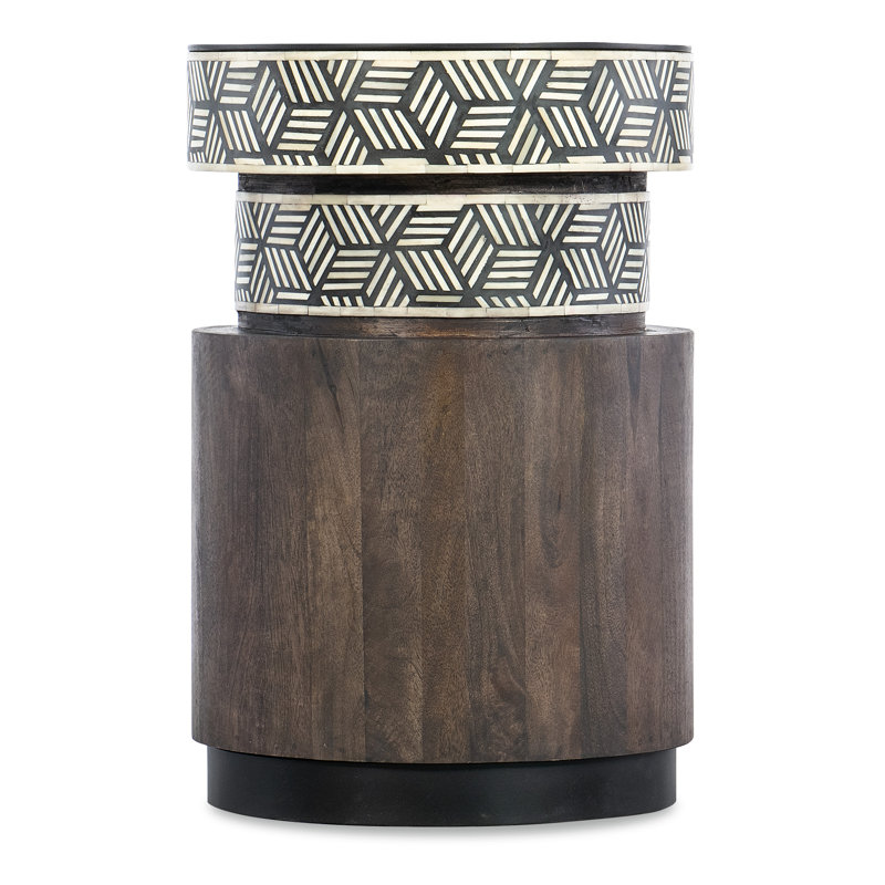 Round Black and Brown Wood Stone End Table