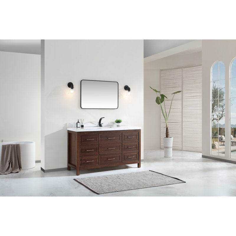 60" EBONY SINGLE SINK VANITY DARK FINISH WITH WK-60S TOP 2" THICK WHITE NATURAL TOP, Brown, White