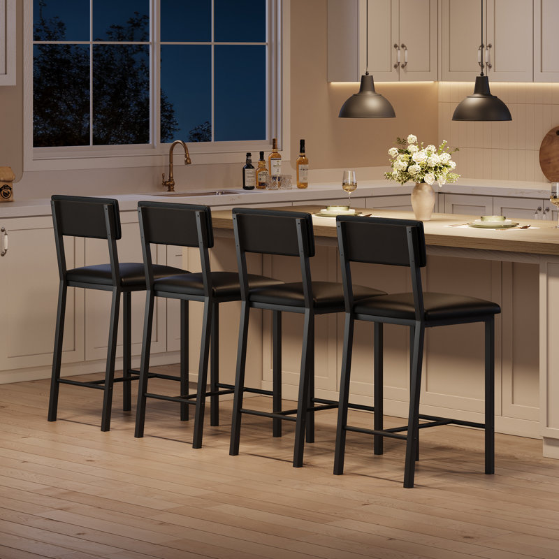 Set of 4 Counter Height Bar Stools - Upholstered Seat and Backrest with Cushioning, Metal Frame and Footrest in Black, Black