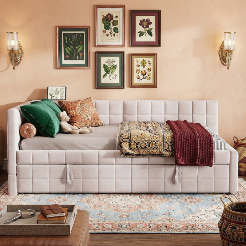 80.9" Full Size Upholstered Daybed With Twin Pop-Up Trundle - L-Shaped Backrest Sofa Bed With Built-In USB Ports - 32.3" High Guest Bed With 650 Lbs Capacity - Beige