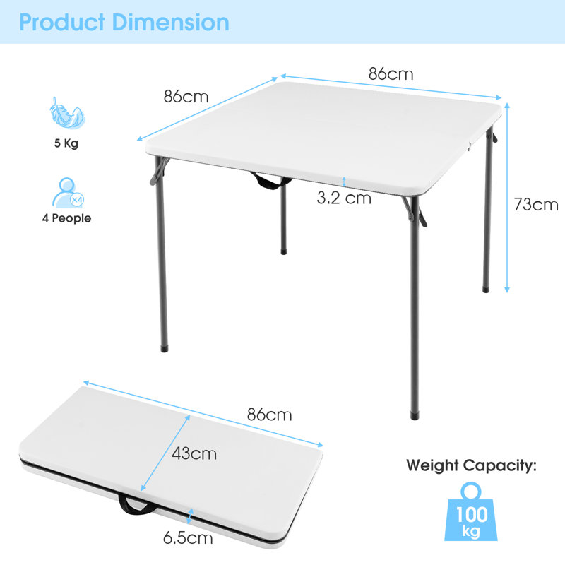 Kinady Square Outdoor Camping Table - 86 cm W 86 cm D, White