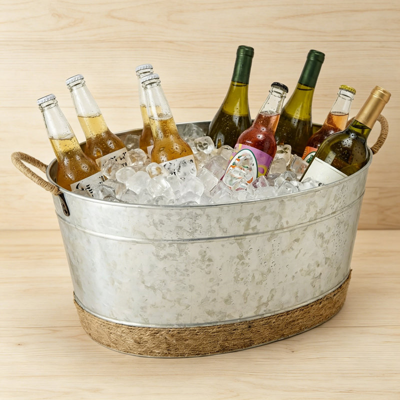 34L Golden Galvanised Steel Drinks Cooler Tub with Hemp Rope Carry Handles, Large Champagne & Beverage Ice Bucket, Multipurpose Chiller for Home Bars, Garden BBQs, Indoor Parties & Outdoor Entertainment