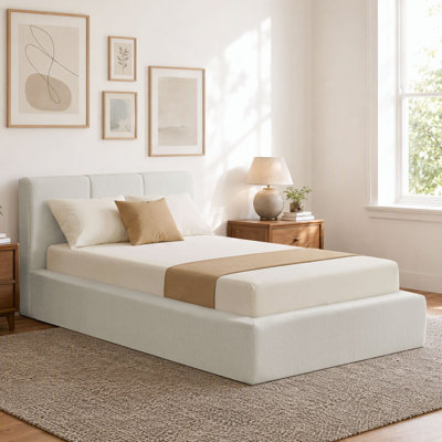 Cadre de lit King Size en chenille recouverte de tissu nuageux avec tête de lit, sommier à compression, montage facile (sans sommier tapissier)