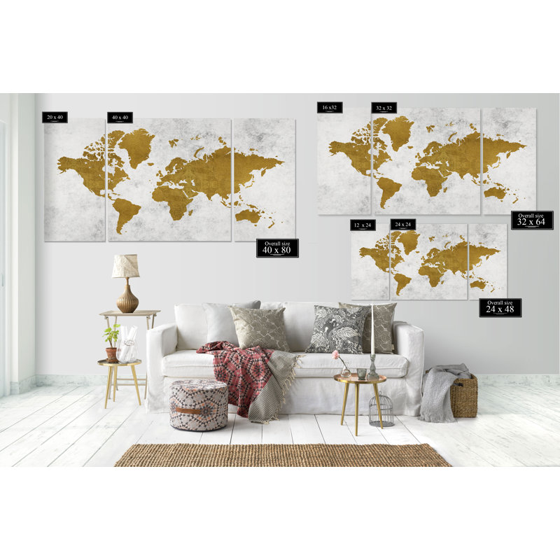 « golden world map », reproduction d’image multi-parties sur toile, H 32 po x l 64 po x P 1,5 po