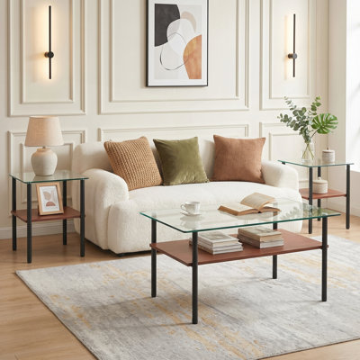 Table basse et tables de bout, ensemble de 3, table basse moderne en verre pour le salon