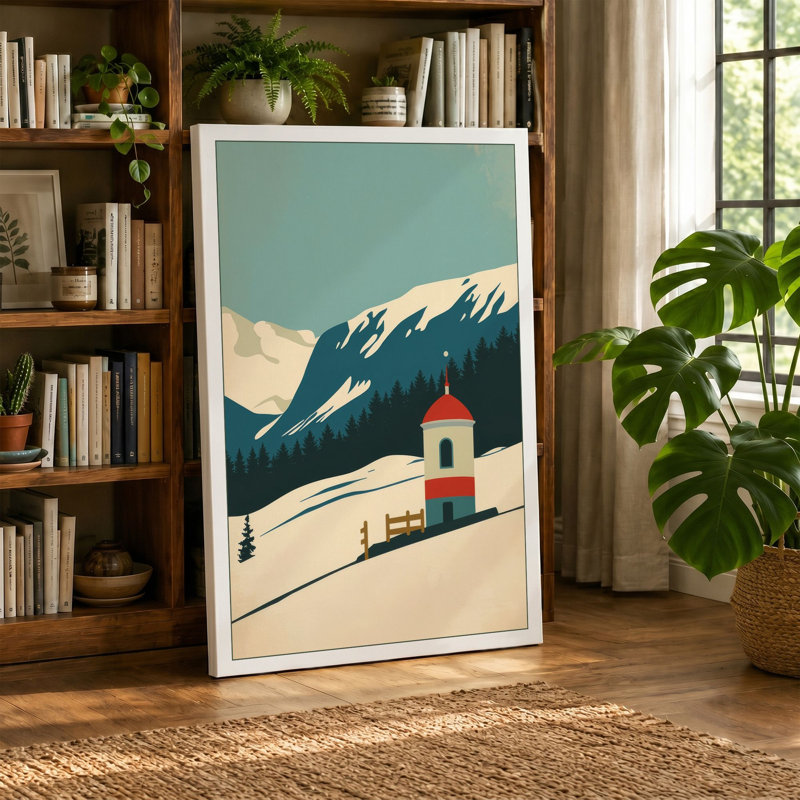 Alpine Chapel in Snow Mid-Century - Wrapped Canvas, 24x16 - 61.0 x 40.6 cm, Sage Border