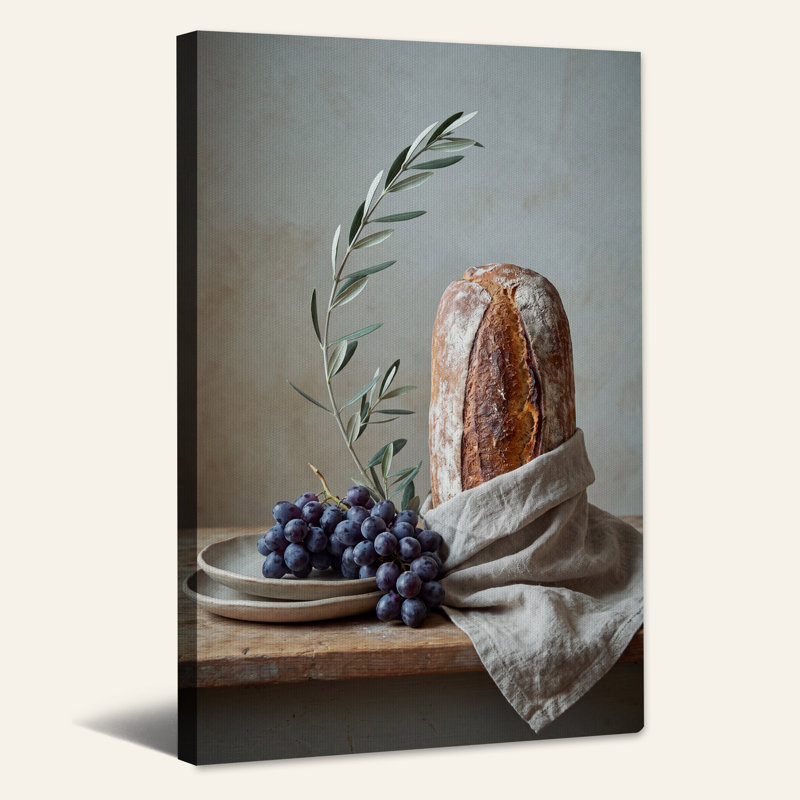«Rustic Bread» et raisins mauves sur une table en bois, art mural, H 30 po x l 20 po