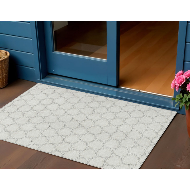 3' X 5' Ivory And Black Geometric Washable Indoor Outdoor Area Rug