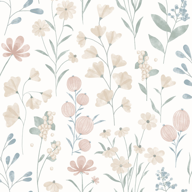 Papier peint floral bonbon beige et vert, Beige