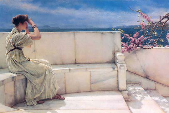"attends" par lawrence alma-tadema, reproduction d’art, H 28 po x l 42 po x P 1,5 po