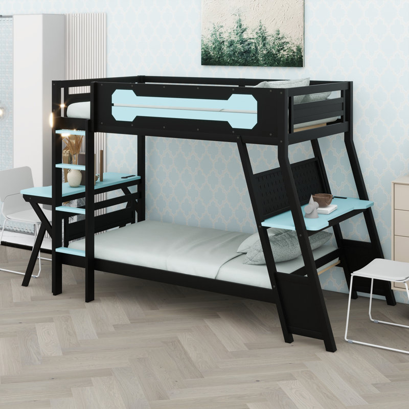 Dual-Station Gaming Bunk Frame Featuring Integrated Desks, Power Ports, And Customizable Pegboard Panels, Blue