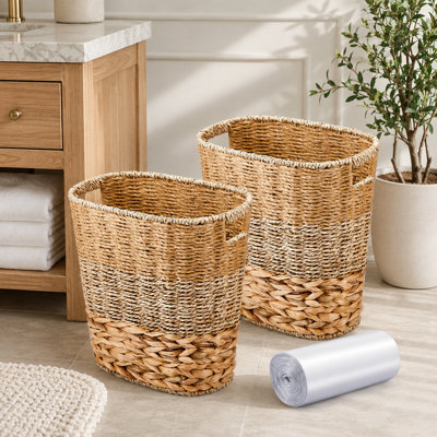 Paquet de 2 corbeilles en osier avec 50 petites poubelles, paniers tissés avec poignées, adaptés aux salles de bain, aux cuisines ou aux chambres à coucher