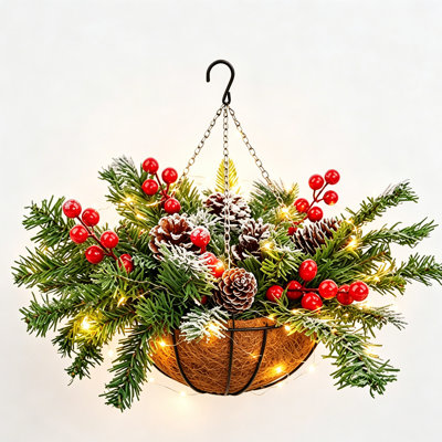 1Pcs Christmas Hanging Coconut Coir Basket with Warm LED String Lights, Artificial Pine Cones Red Berries Decor, Battery Operated Hanging Planter for Porch Window Holiday Decor,(Battery Not Included)