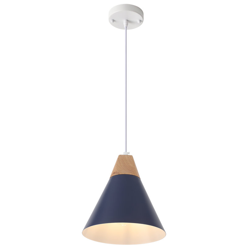 Hinsinger 1-Light 9.4“ Wide Single Cone Kitchen Island Pendant Light with Wood Accents, Blue
