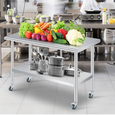 60 x 30 Inch Stainless Steel Prep Table, Heavy Duty Commercial Work Table with 4 Caster Wheels, Adjustable Undershelf & Rounded Corners, Metal Kitchen Workbench for Restaurant, Garage and Outdoor