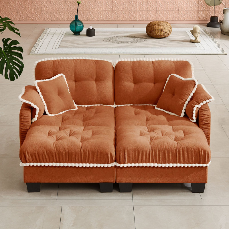 Canapé capitonné en chenille avec coussins assortis et pouf multifonctionnel, Orange