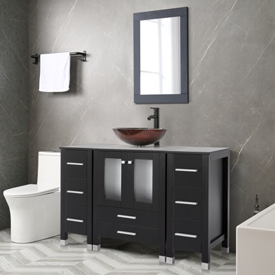 Getzel 48 Single Bathroom Vanity with Wood Top, Vessel Sink, Zinc Alloy Faucet, Solid Wood Legs