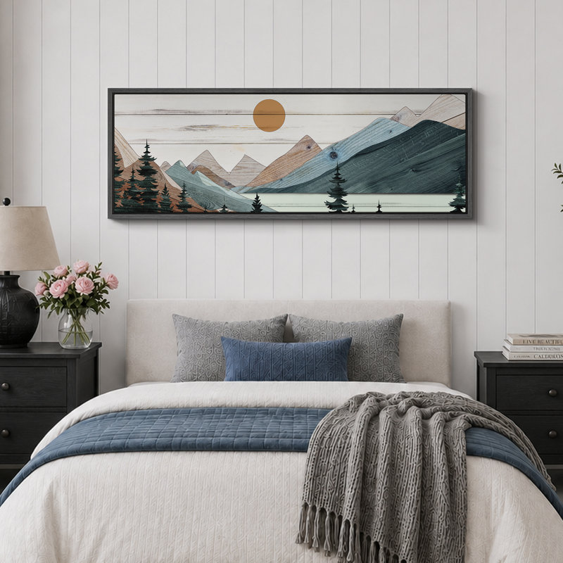 «Western Wood Effect Landscape Tranquil Wood Effect Mountain Sunset», reproduction sur toile, H 20 po x l 60 po, Noir