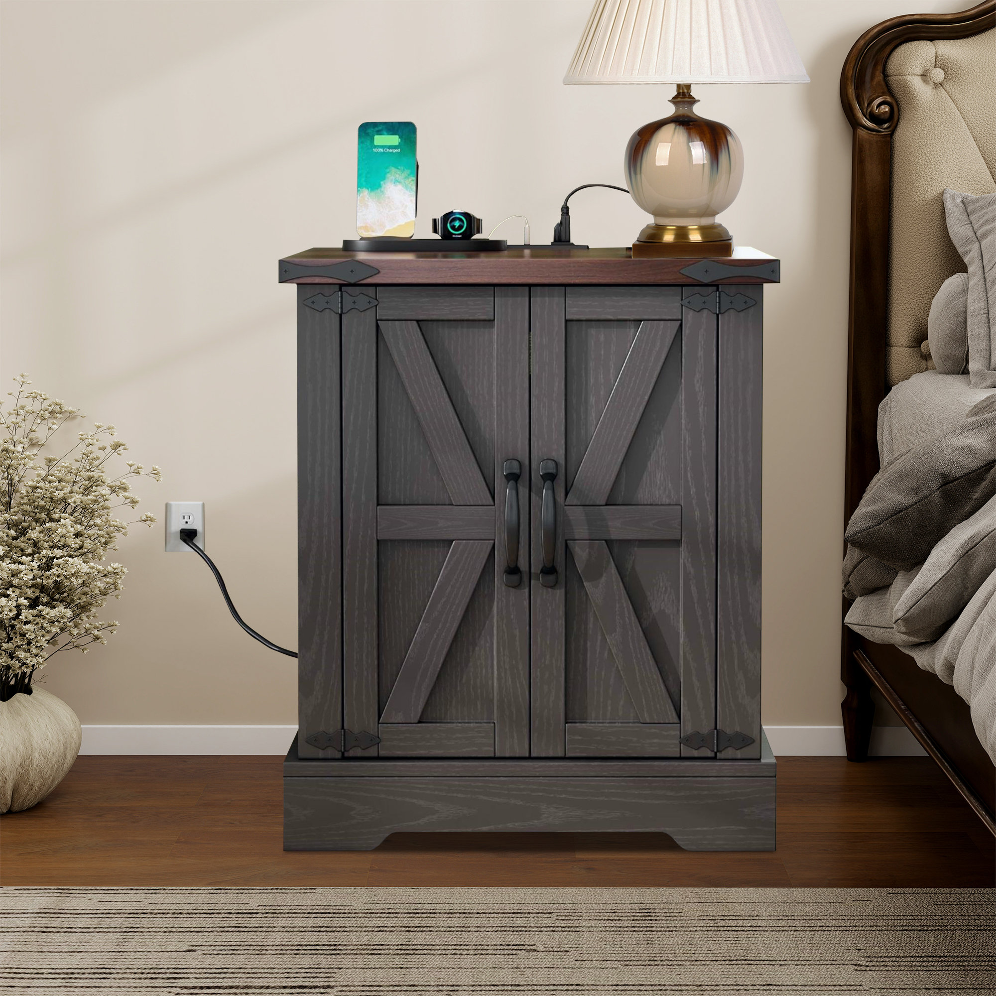 August Grove® Farmhouse Nightstand End Side Table With Charging Station ...
