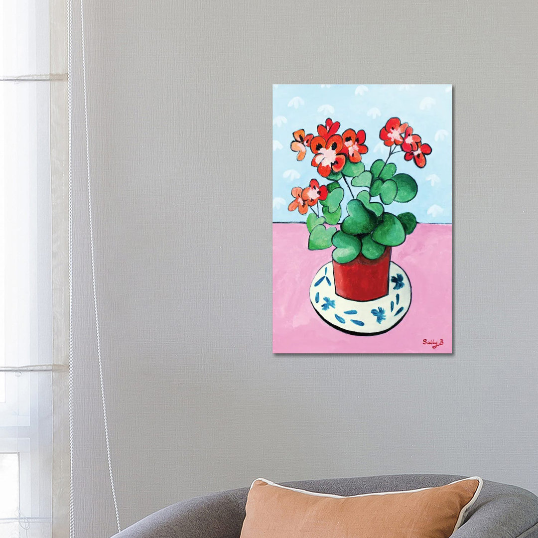 Geranium In Pot von Sally B - Galerie-verpackte Leinwand Giclée auf Leinwand