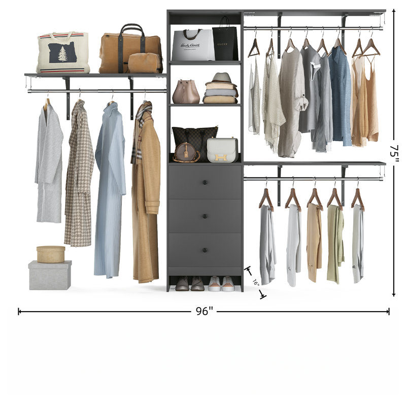 Organisateur de placard, système de placard avec 3 tringles de suspension, 3 tiroirs et tablettes ouvertes (gris), Grey