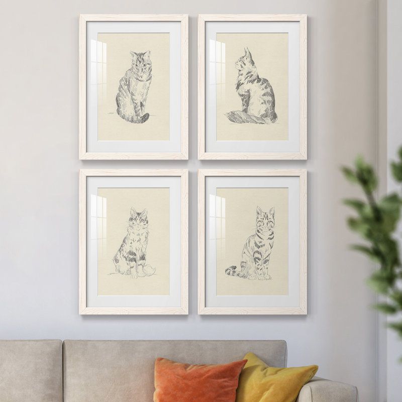House Cat I - ensemble de 4 reproductions de cadres photo, H 20 po x l 68 po x P 1,5 po, Blanc
