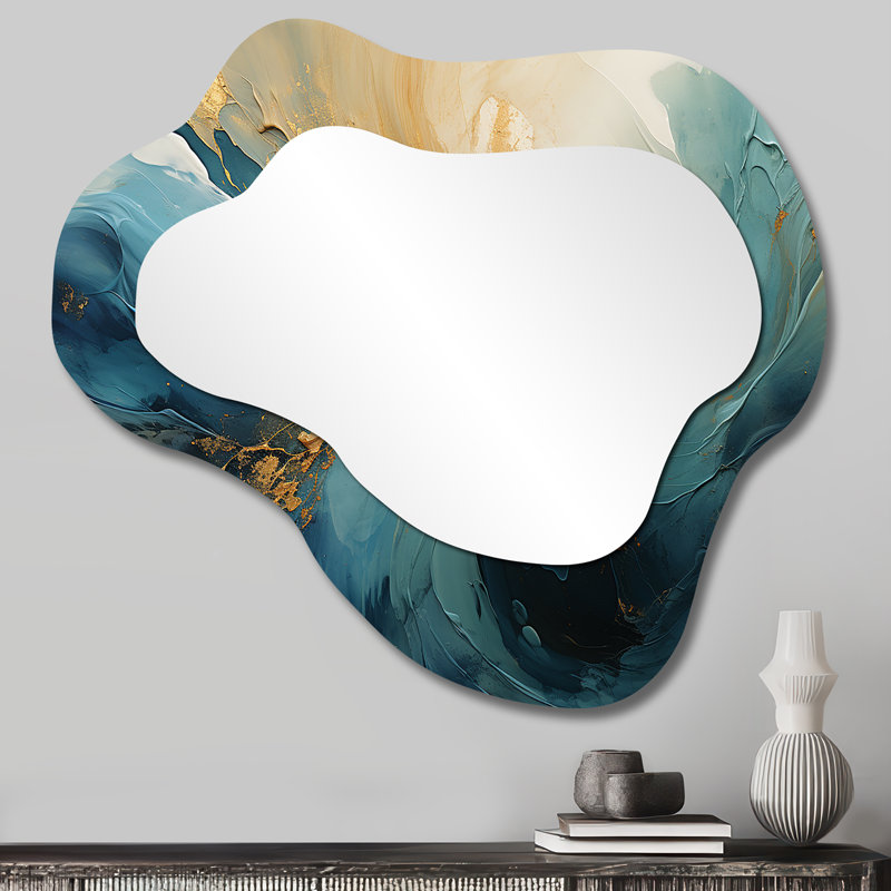 Vallory Gold Teal Ocean Spiral III - Abstract Spirals Asymmetrical Unique Wall Mirror, Modern Cloud Mirror, Printed Metal Art