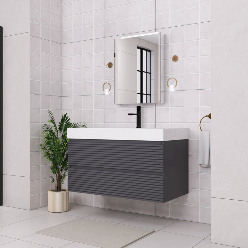 Ensemble de meuble-lavabo simple mural 36 po gris avec plateau en acrylique blanc 36 po